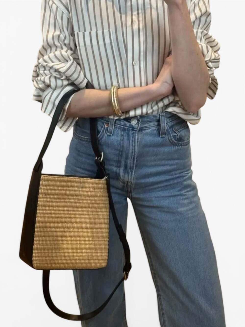 A.P.C. Virginie Small Leather & Raffia Bag with Cross-body Strap